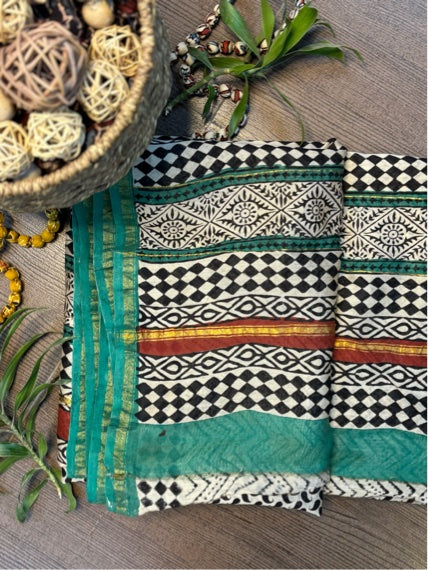 Black Zigzag Hand Block Printed Chanderi Saree