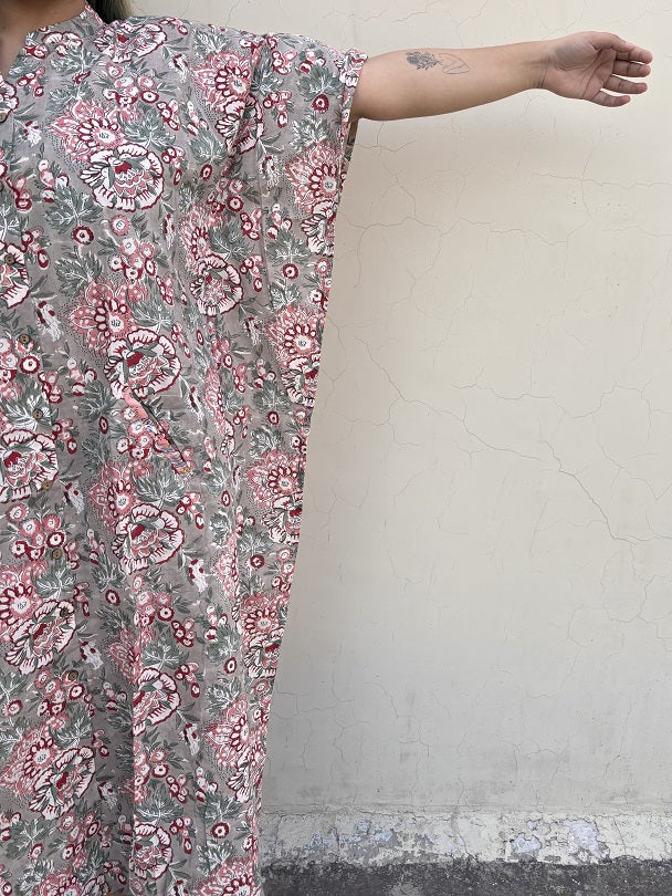 Grey Red Floral Hand Block Printed High Low Long Shirt Kaftan