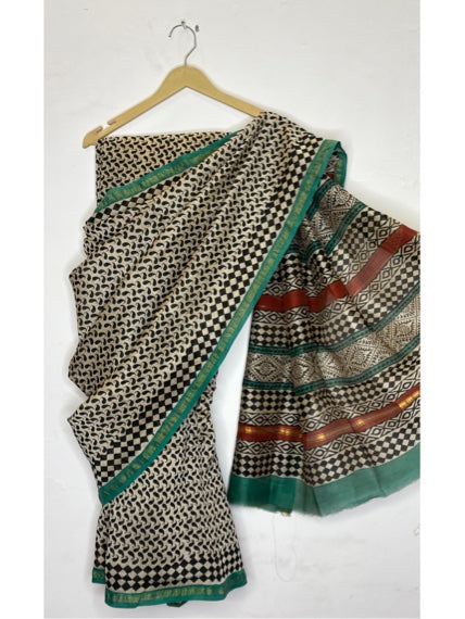 Black Zigzag Hand Block Printed Chanderi Saree