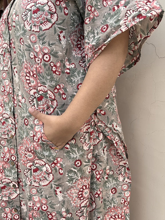 Grey Red Floral Hand Block Printed High Low Long Shirt Kaftan