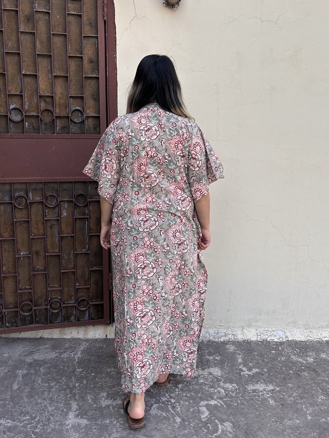 Grey Red Floral Hand Block Printed High Low Long Shirt Kaftan