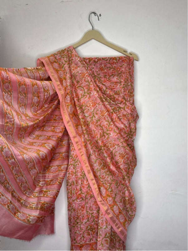 Pink Floral Hand Block Printed Chanderi Saree
