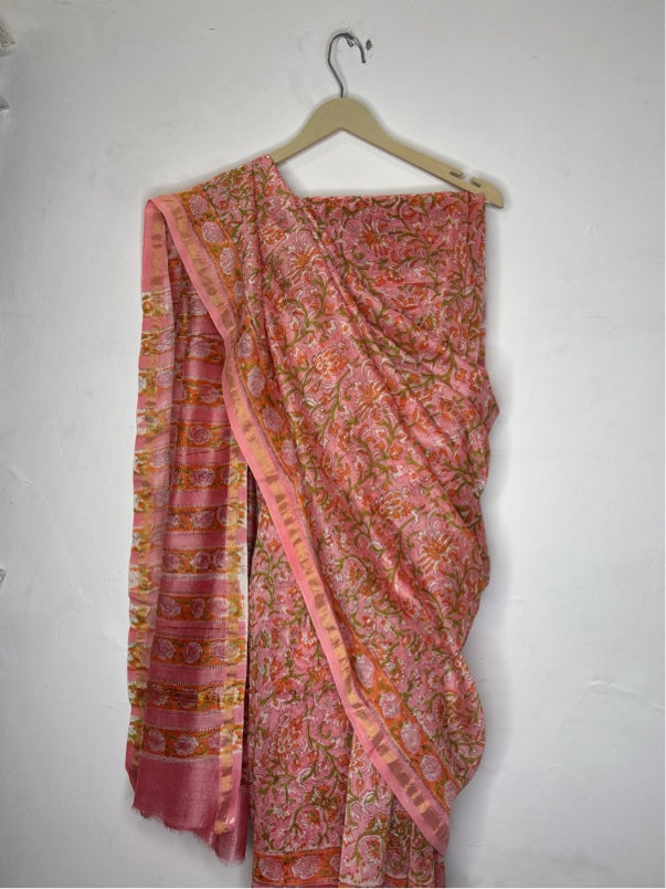 Pink Floral Hand Block Printed Chanderi Saree
