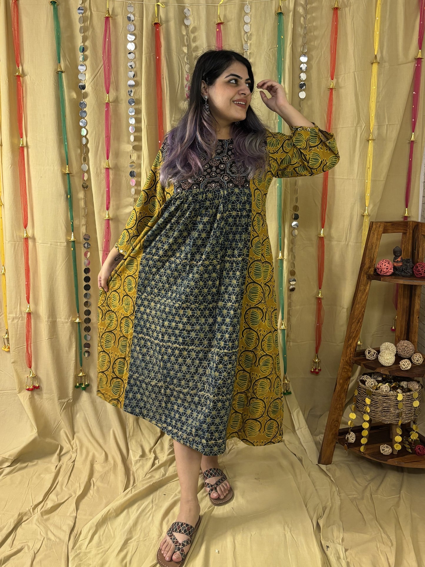Samaira Ajrakh Midi Dress with Hand Embroidery Detailing