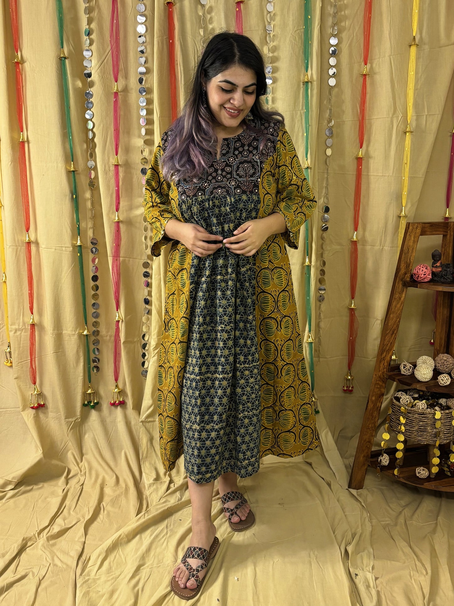 Samaira Ajrakh Midi Dress with Hand Embroidery Detailing
