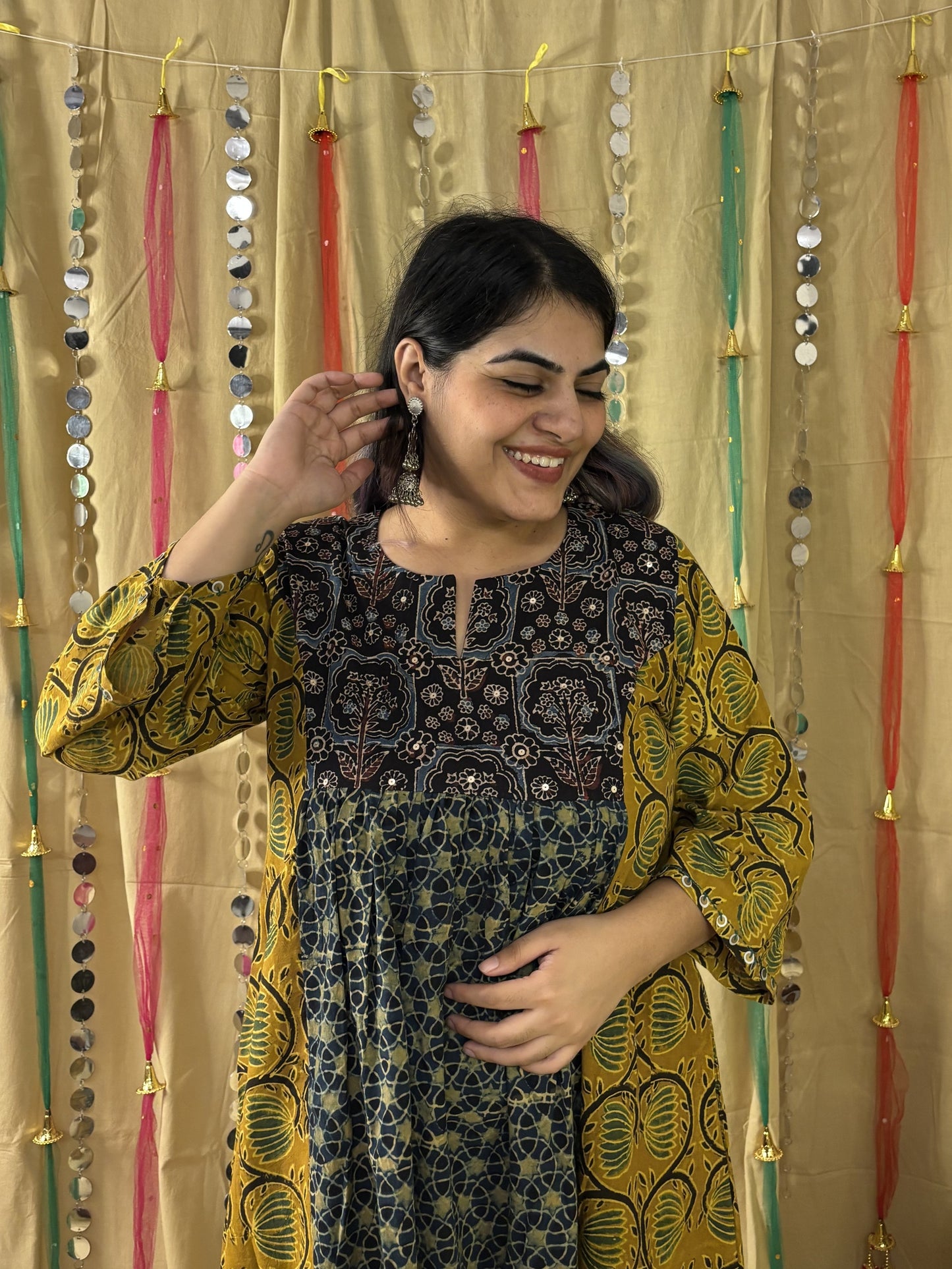 Samaira Ajrakh Midi Dress with Hand Embroidery Detailing