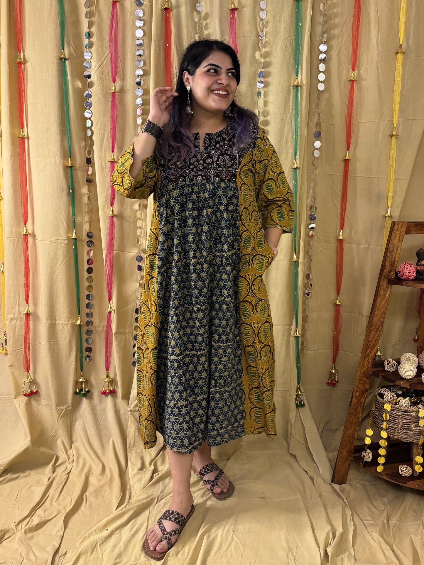 Samaira Ajrakh Midi Dress with Hand Embroidery Detailing