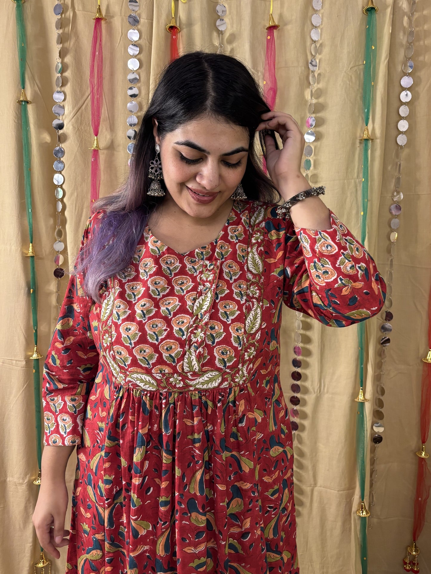 Suhani Hand Block Printed Patch Flared Maxi Dress with Hand Embroidery