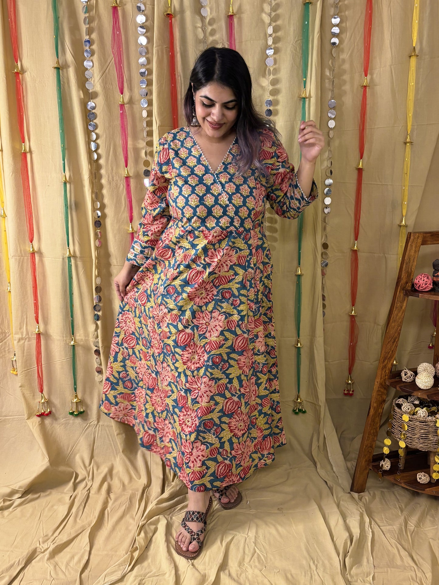 Aarzu Hand Block Printed A Line Maxi Patch Dress with Hand Embroidery