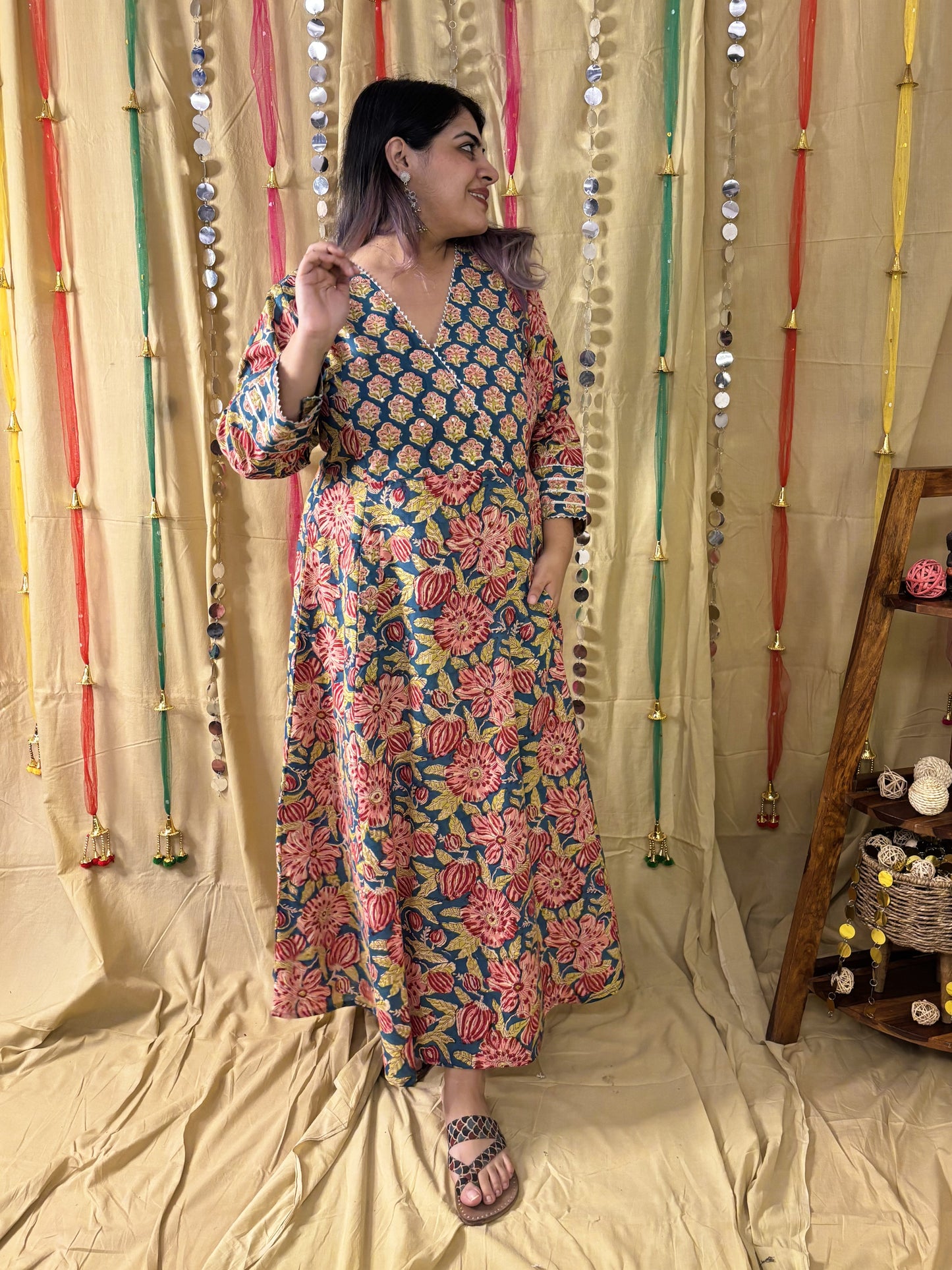 Aarzu Hand Block Printed A Line Maxi Patch Dress with Hand Embroidery