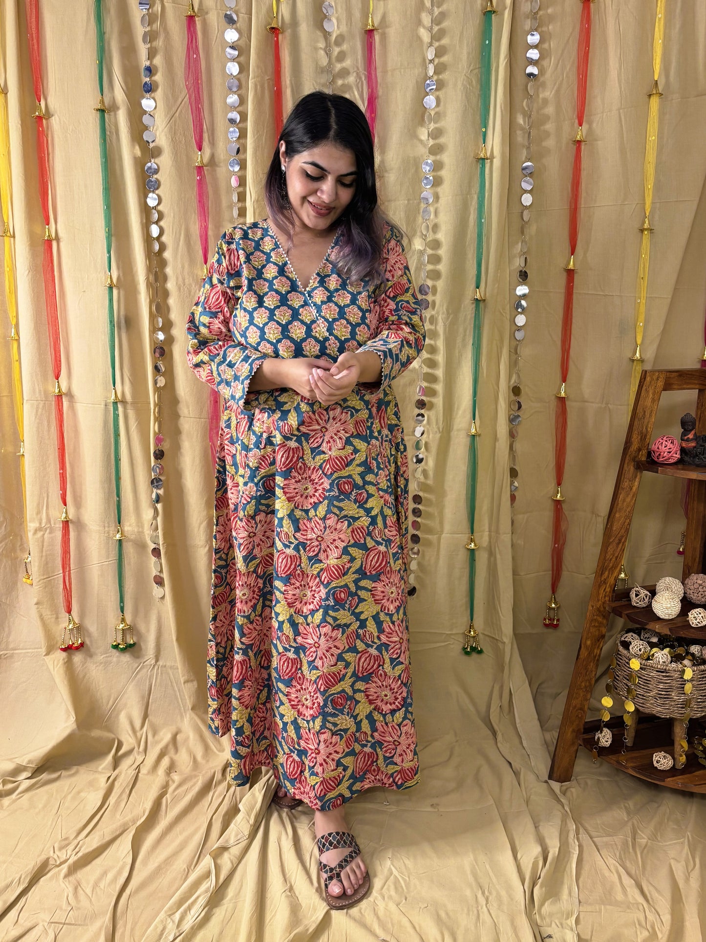 Aarzu Hand Block Printed A Line Maxi Patch Dress with Hand Embroidery