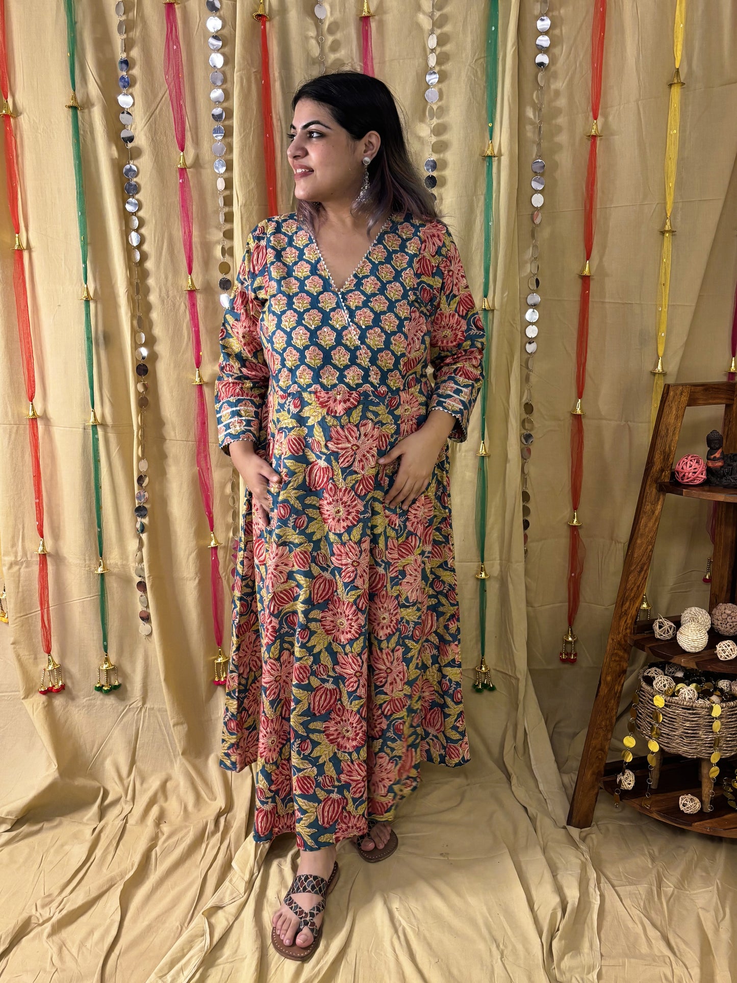 Aarzu Hand Block Printed A Line Maxi Patch Dress with Hand Embroidery