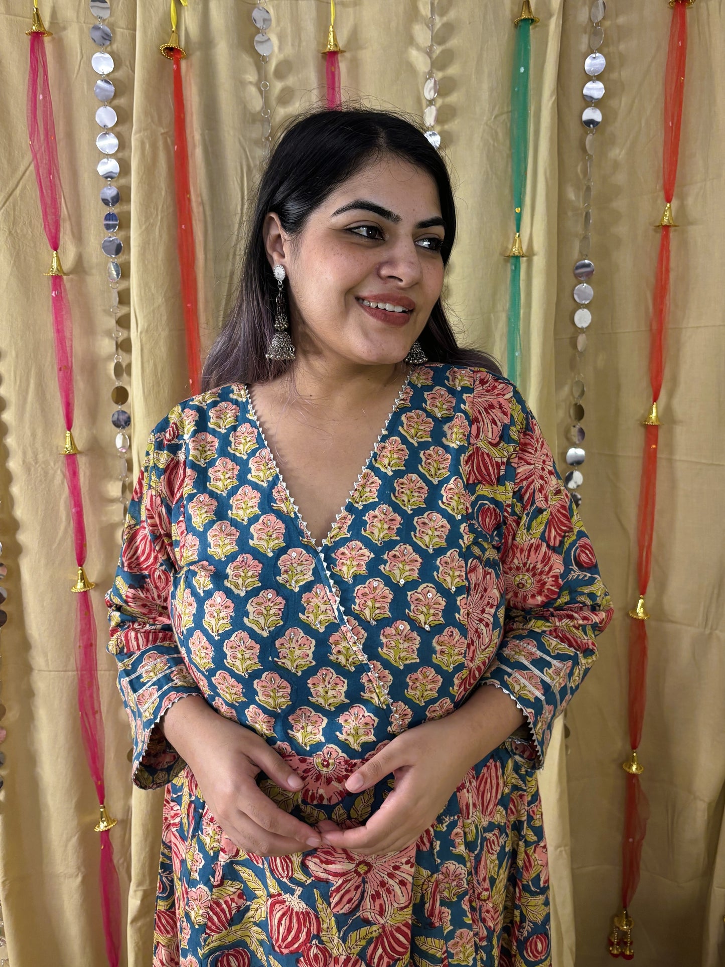 Aarzu Hand Block Printed A Line Maxi Patch Dress with Hand Embroidery