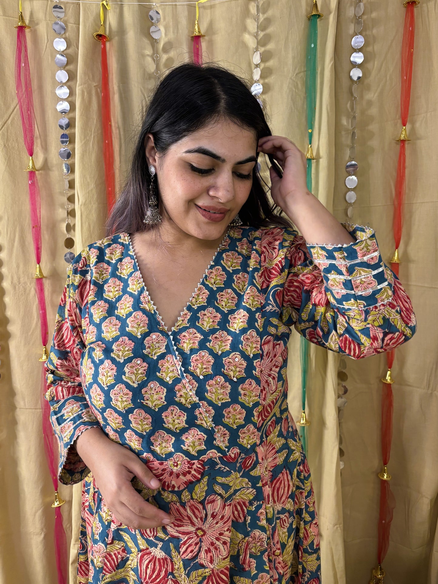 Aarzu Hand Block Printed A Line Maxi Patch Dress with Hand Embroidery
