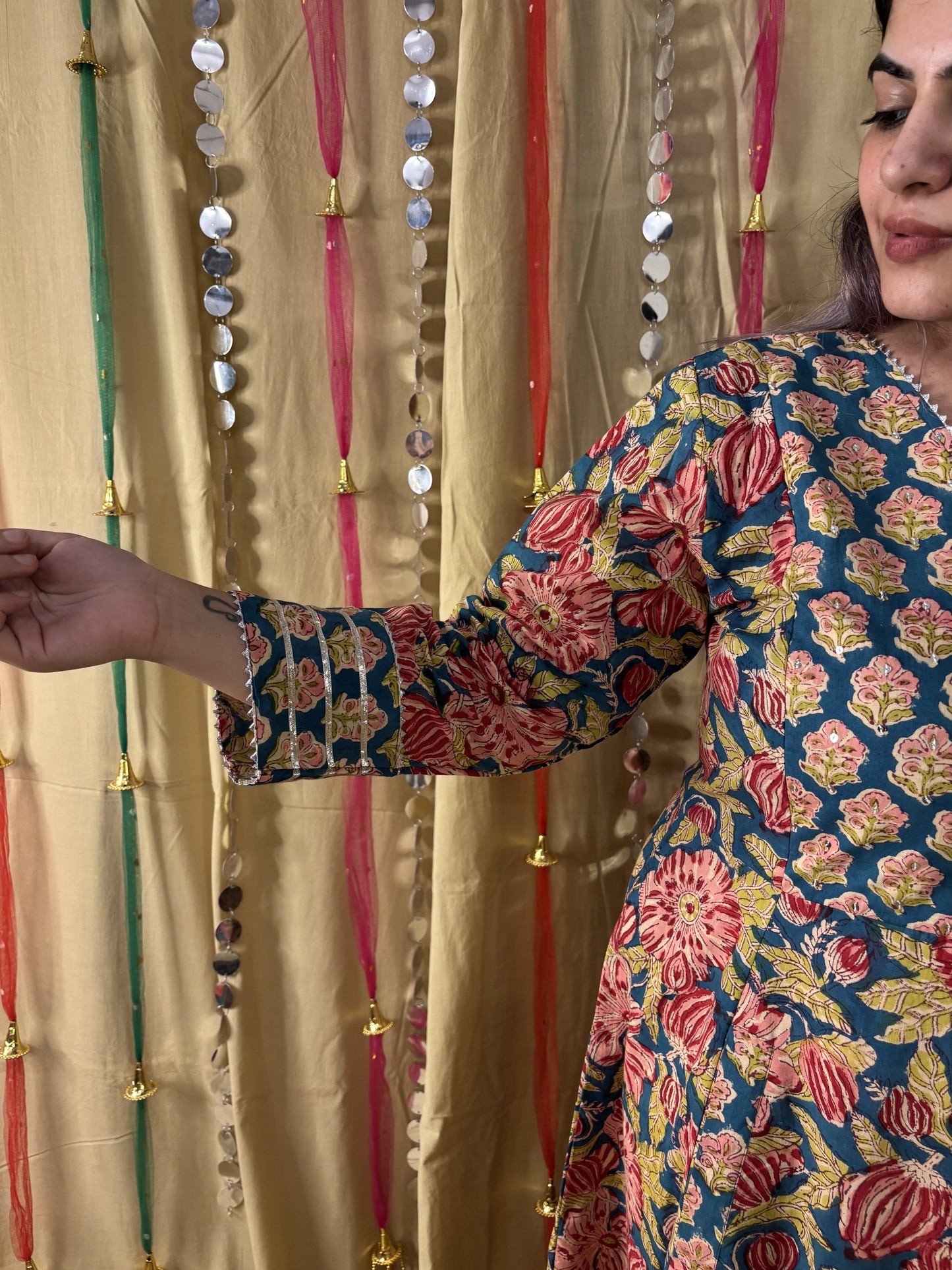 Aarzu Hand Block Printed A Line Maxi Patch Dress with Hand Embroidery