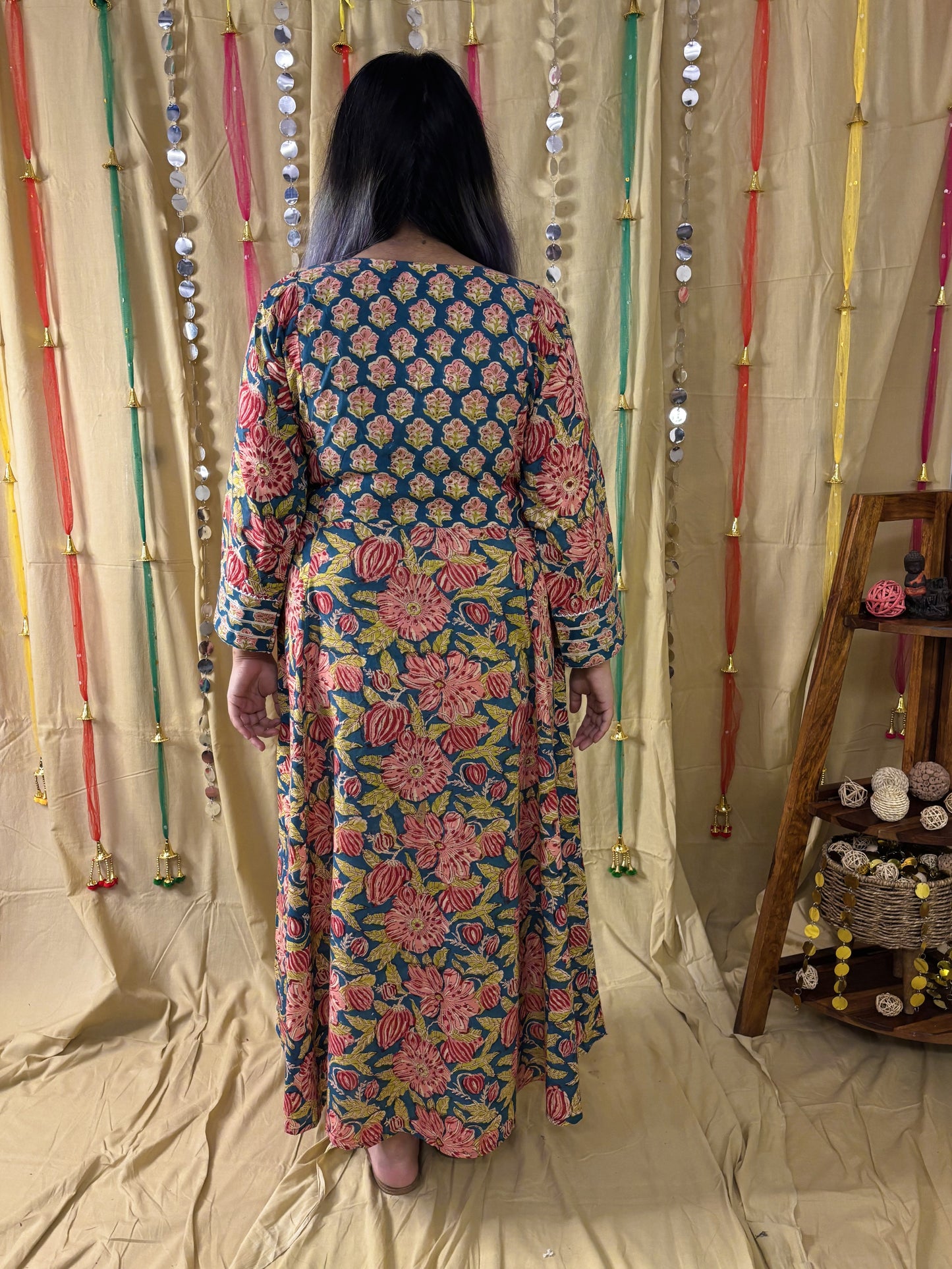 Aarzu Hand Block Printed A Line Maxi Patch Dress with Hand Embroidery
