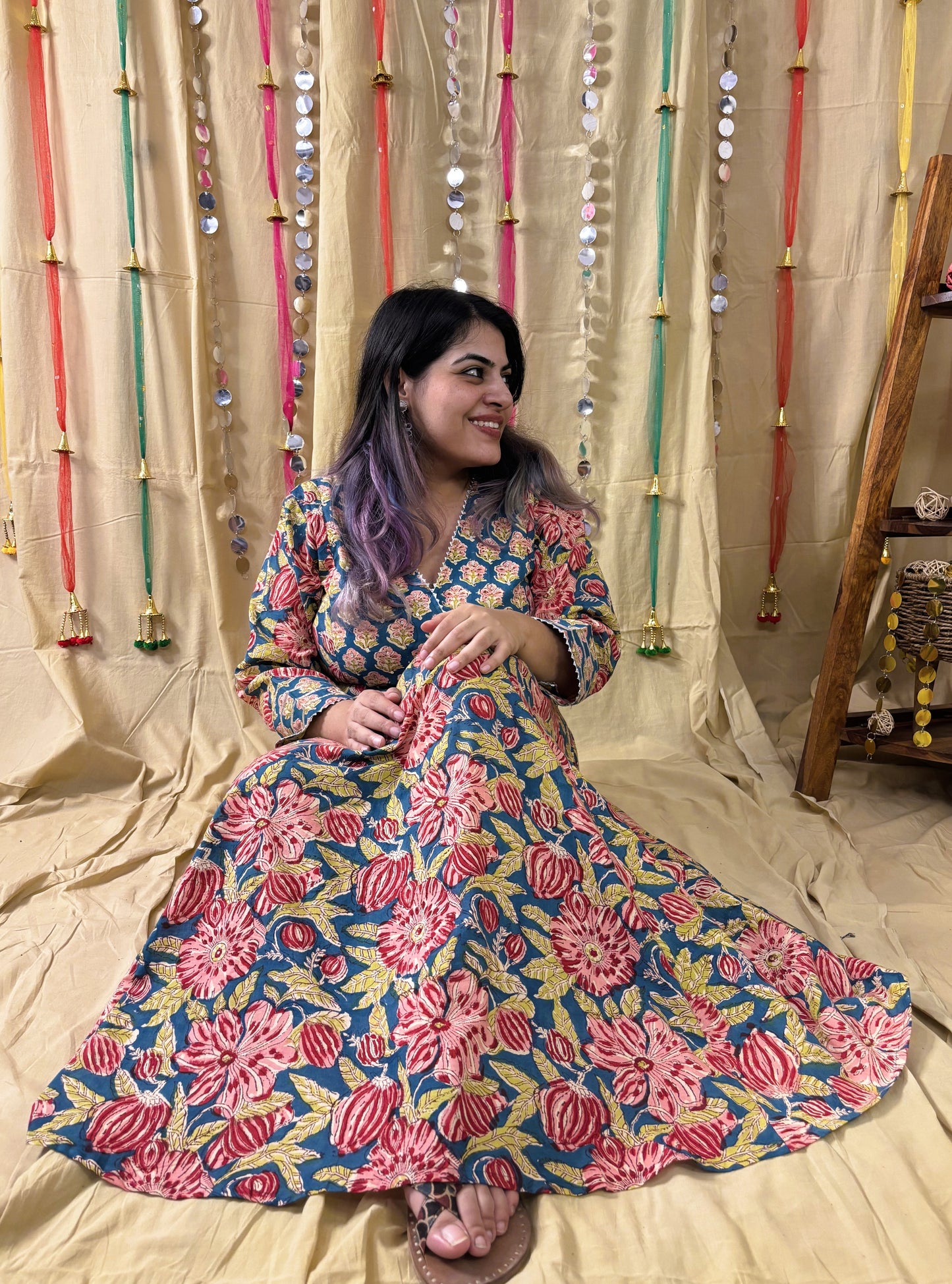 Aarzu Hand Block Printed A Line Maxi Patch Dress with Hand Embroidery