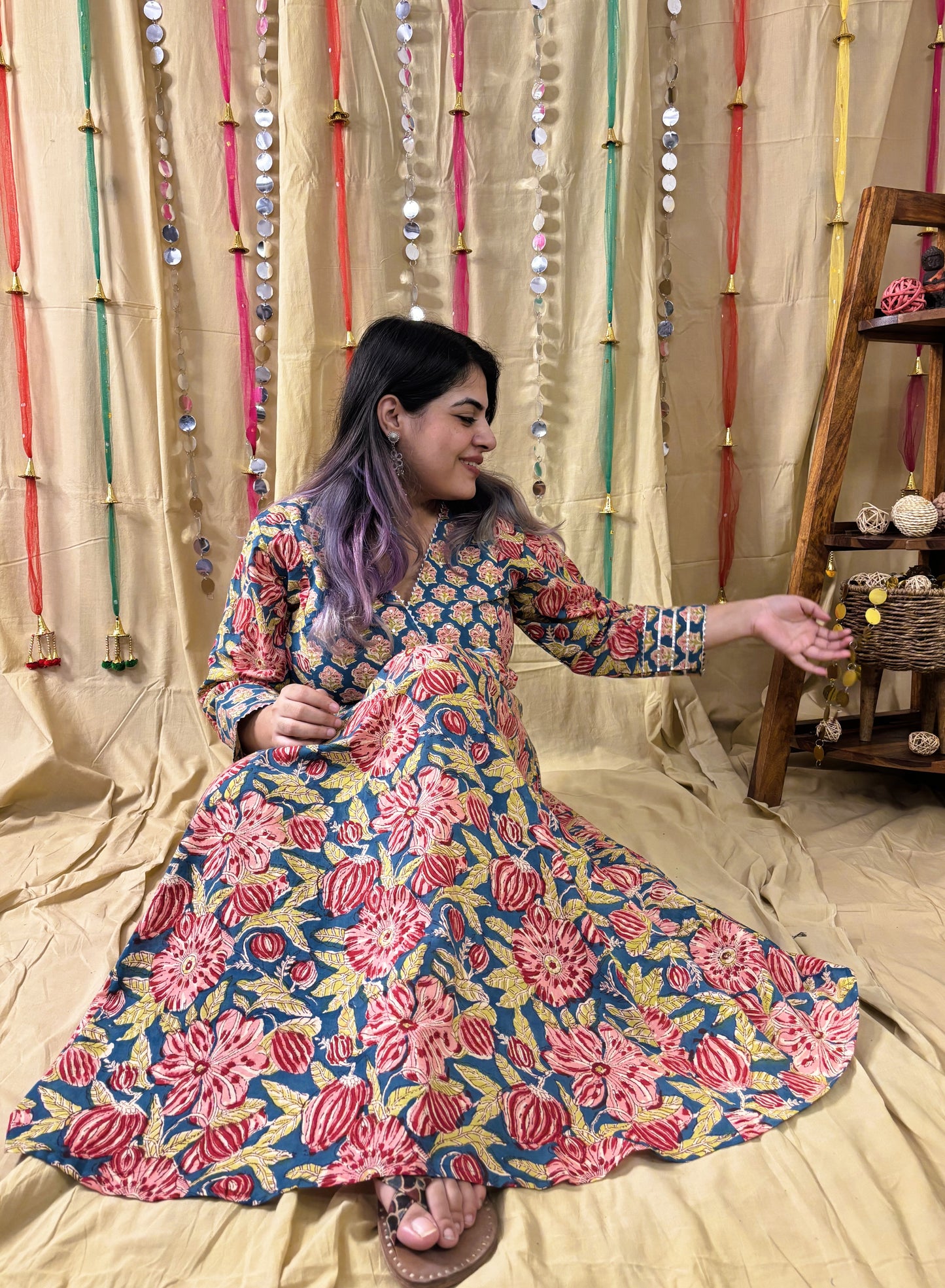 Aarzu Hand Block Printed A Line Maxi Patch Dress with Hand Embroidery