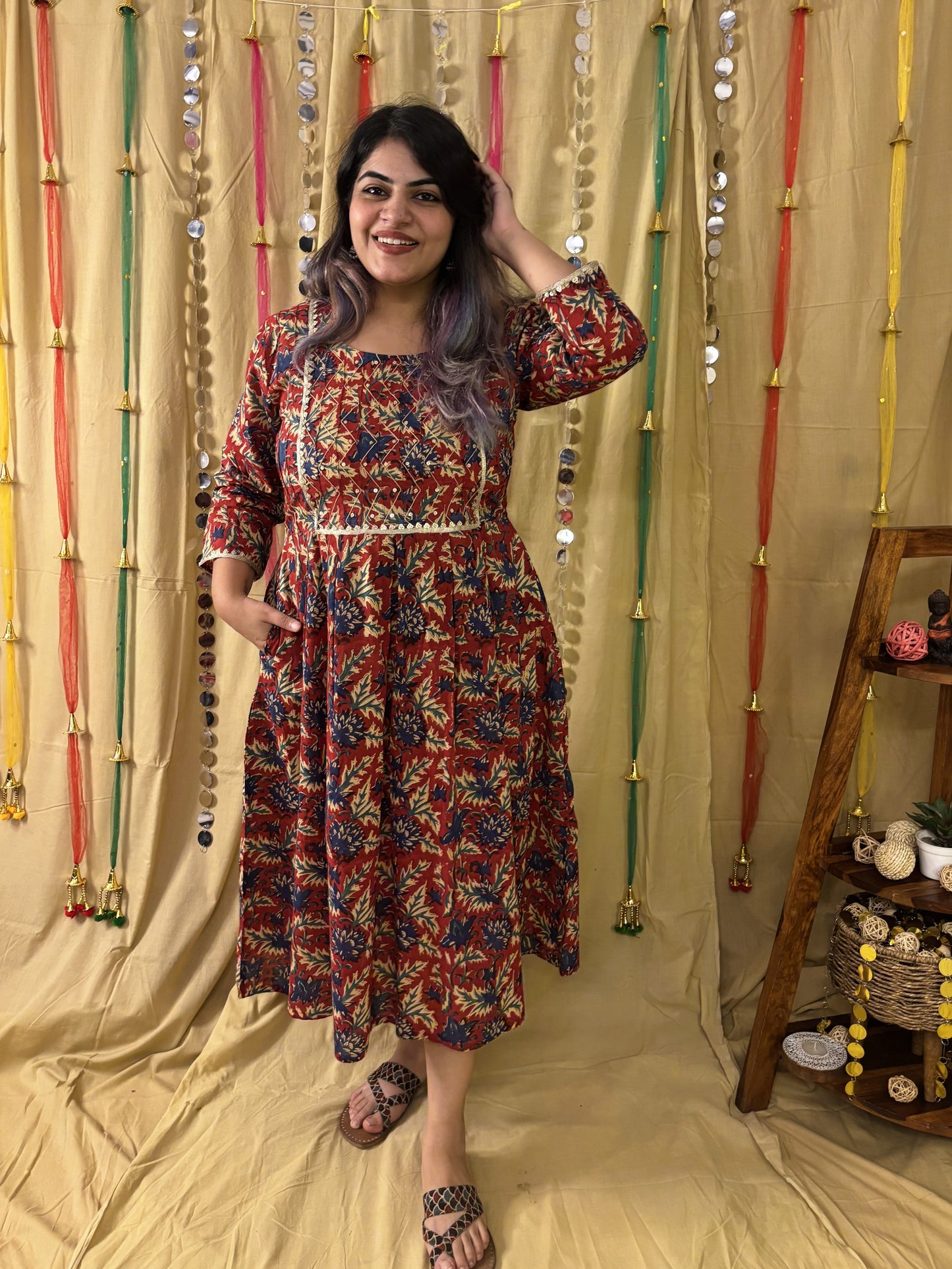 Zareen Hand Block Printed Midi Dress with Embroidered Neckline & Gota Detailing
