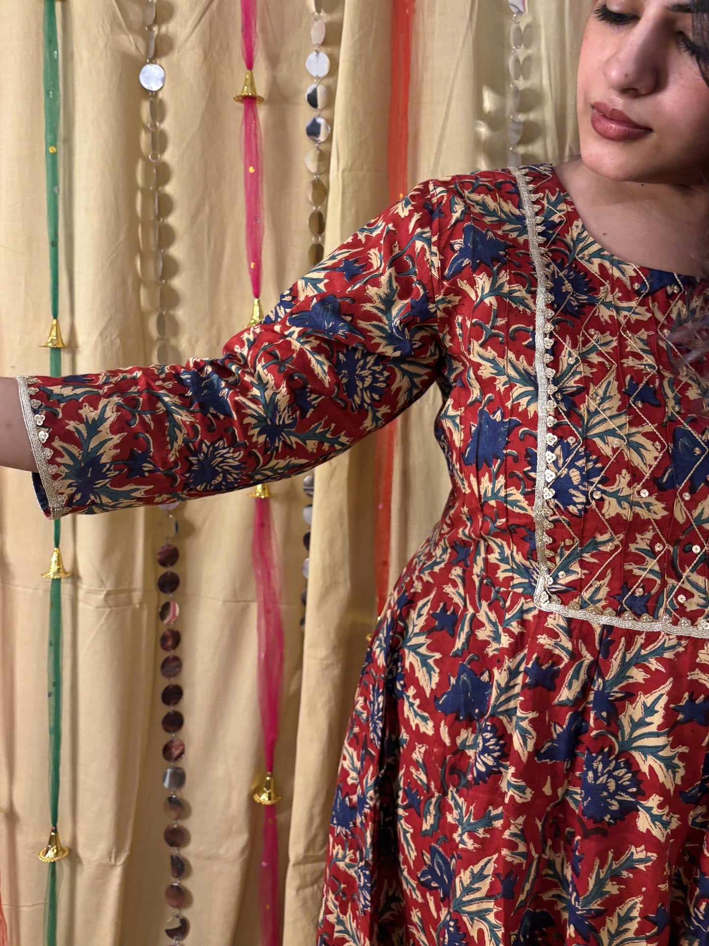 Zareen Hand Block Printed Midi Dress with Embroidered Neckline & Gota Detailing