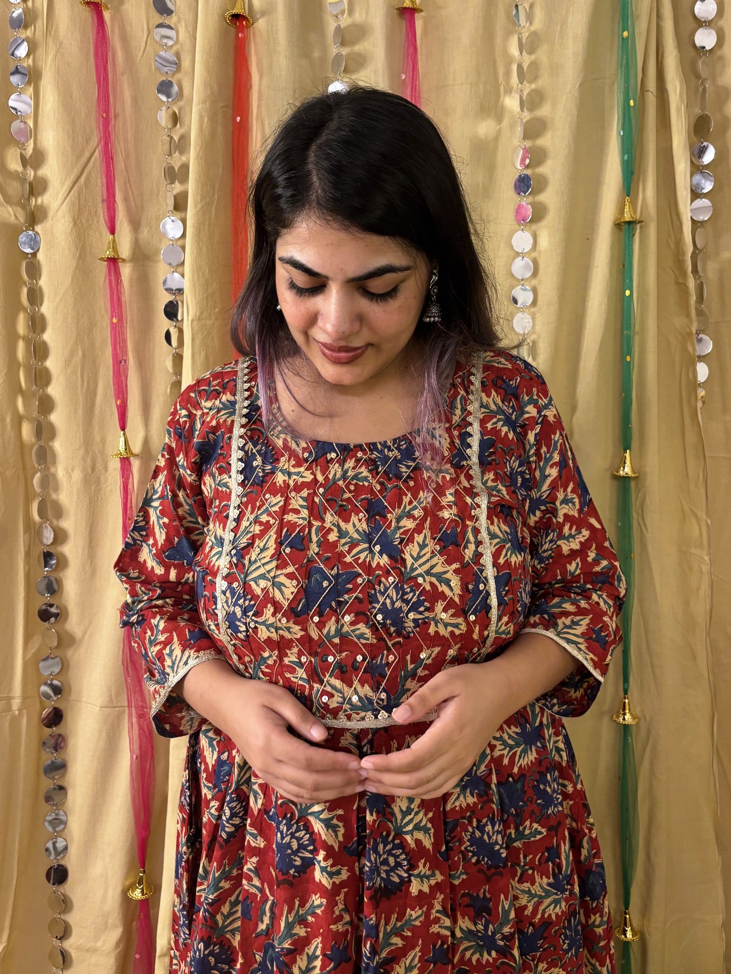 Zareen Hand Block Printed Midi Dress with Embroidered Neckline & Gota Detailing
