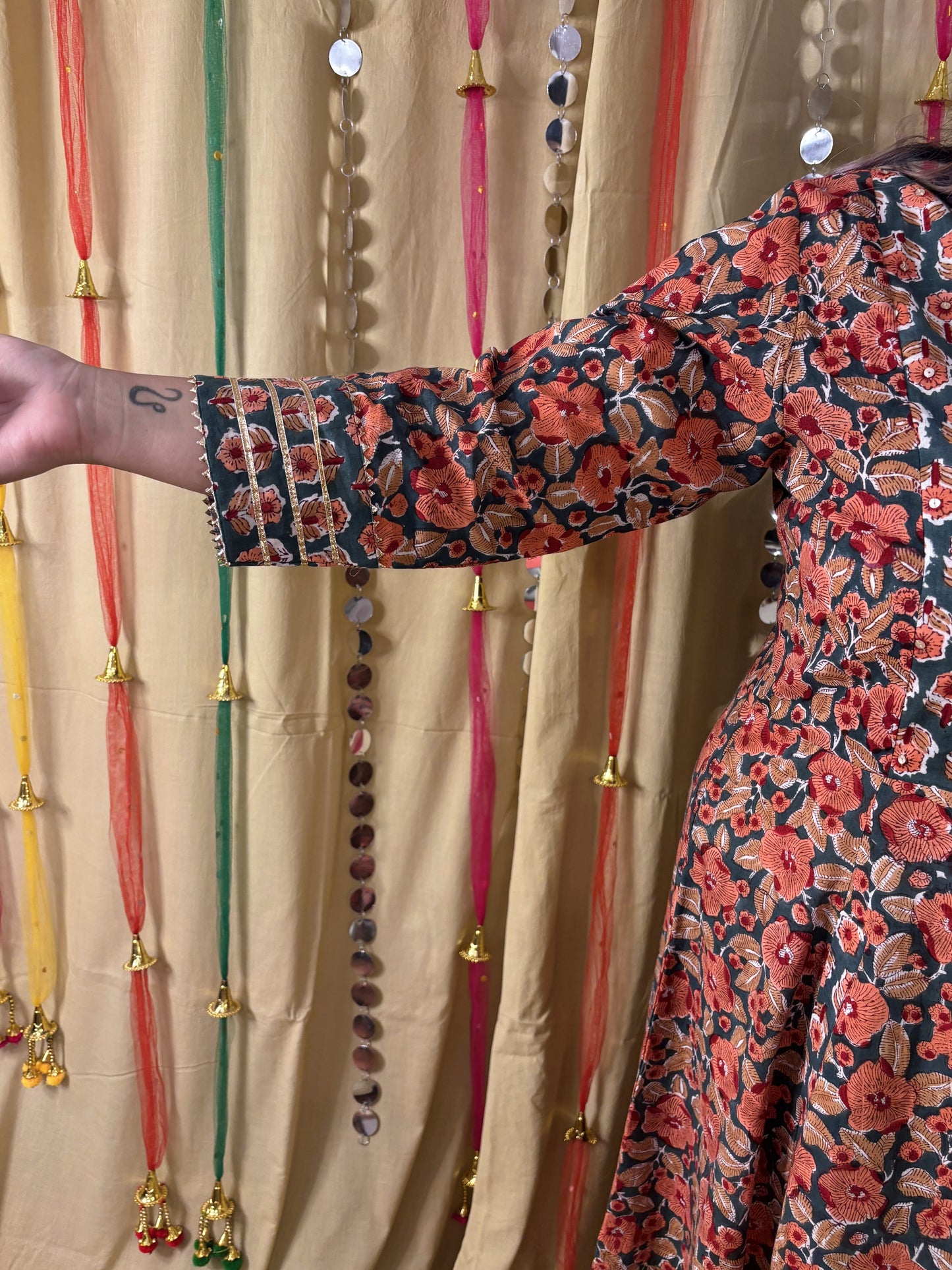 Naaz Hand Block Printed A Line Maxi Patch Dress with Hand Embroidery