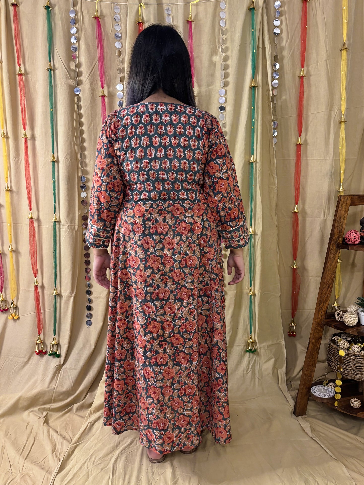 Naaz Hand Block Printed A Line Maxi Patch Dress with Hand Embroidery