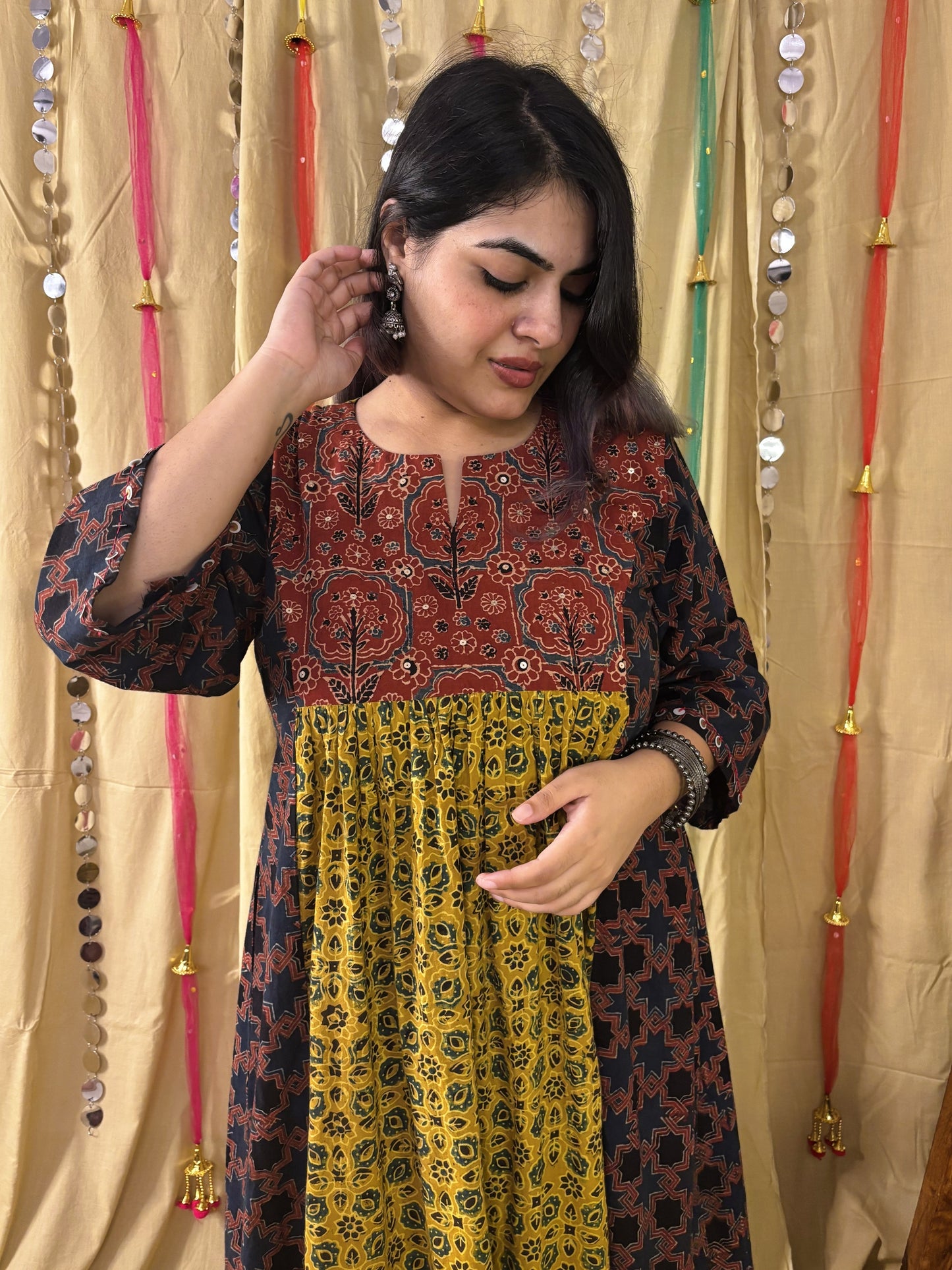Saher Ajrakh Midi Dress with Hand Embroidery Detailing