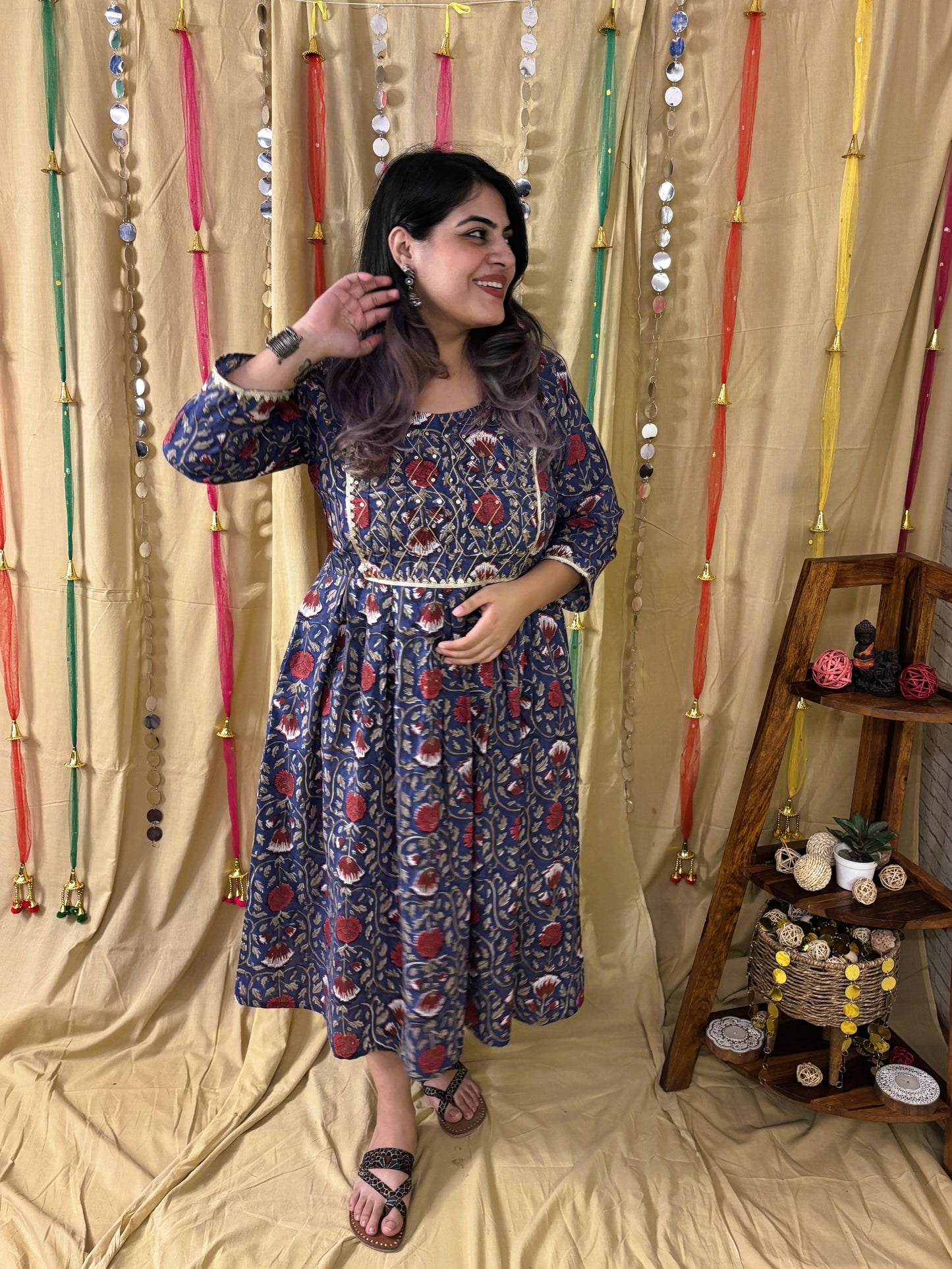Ziya Hand Block Printed Midi Dress with Embroidered Neckline & Gota Detailing