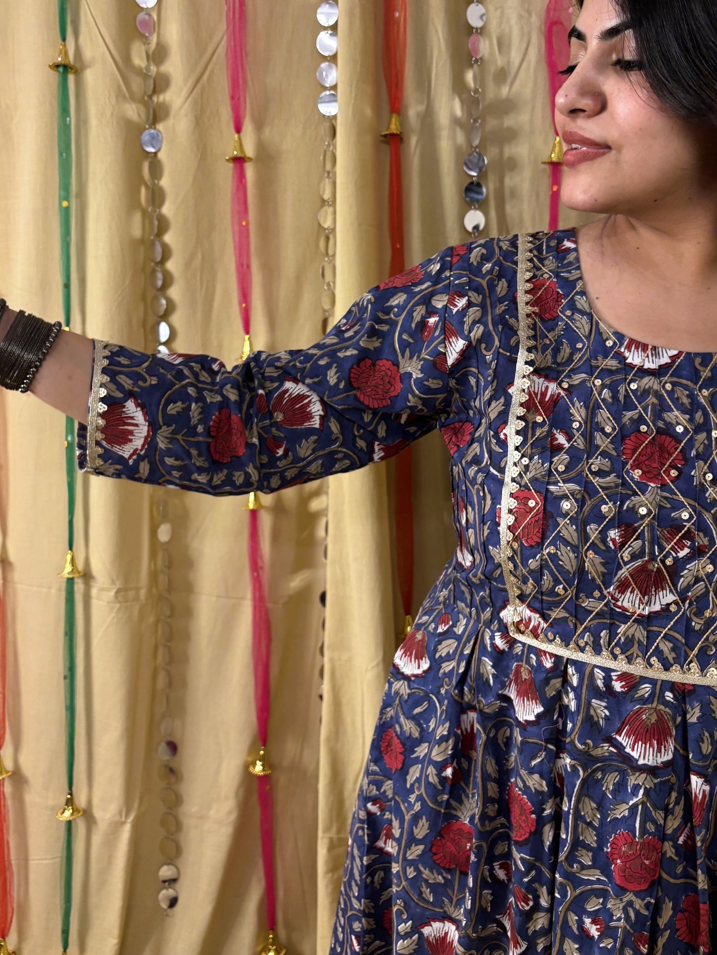 Ziya Hand Block Printed Midi Dress with Embroidered Neckline & Gota Detailing