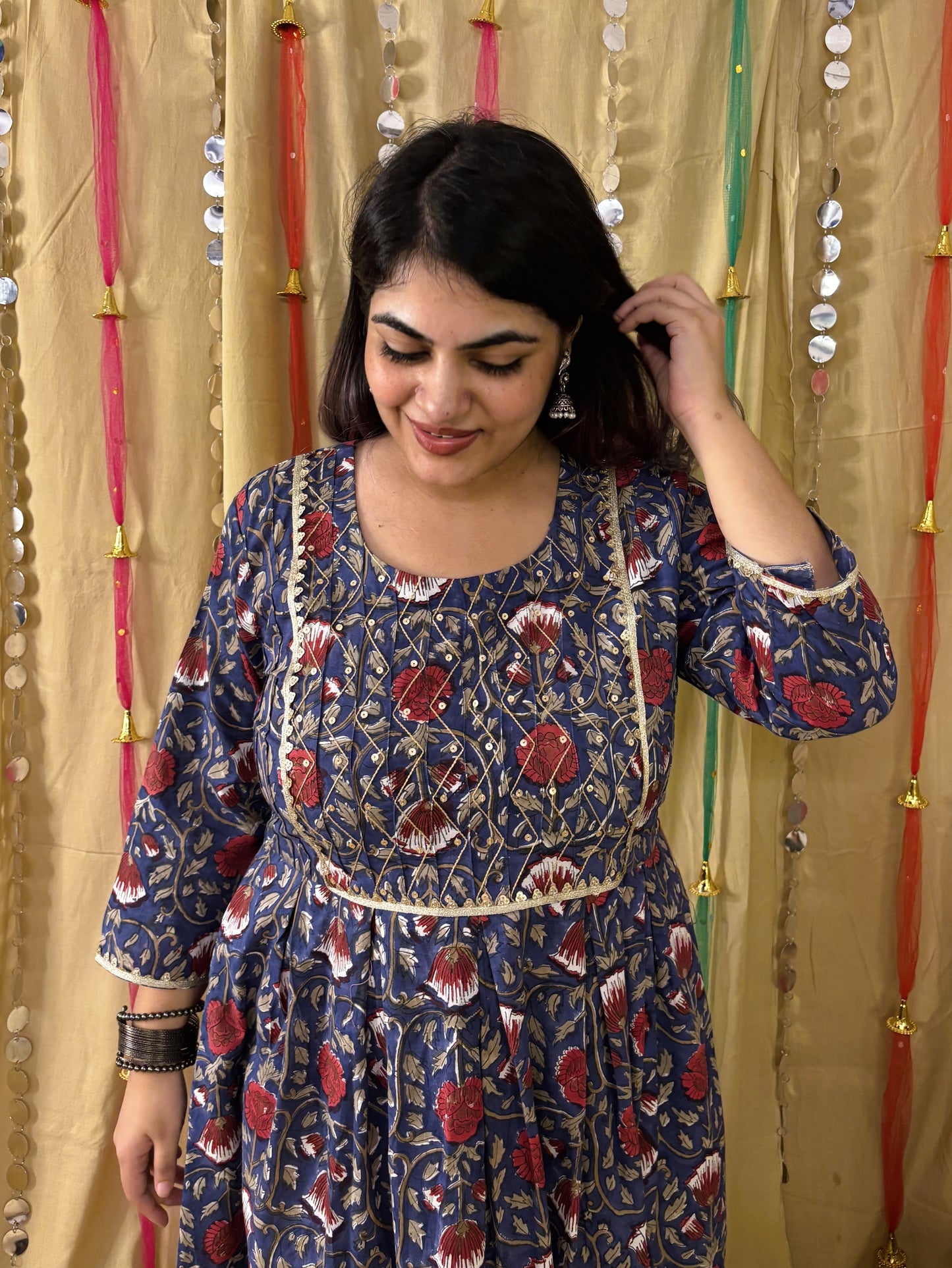 Ziya Hand Block Printed Midi Dress with Embroidered Neckline & Gota Detailing
