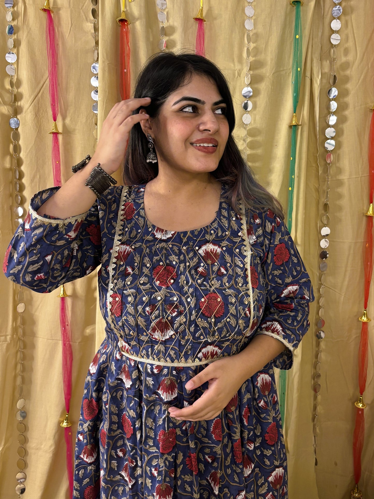 Ziya Hand Block Printed Midi Dress with Embroidered Neckline & Gota Detailing