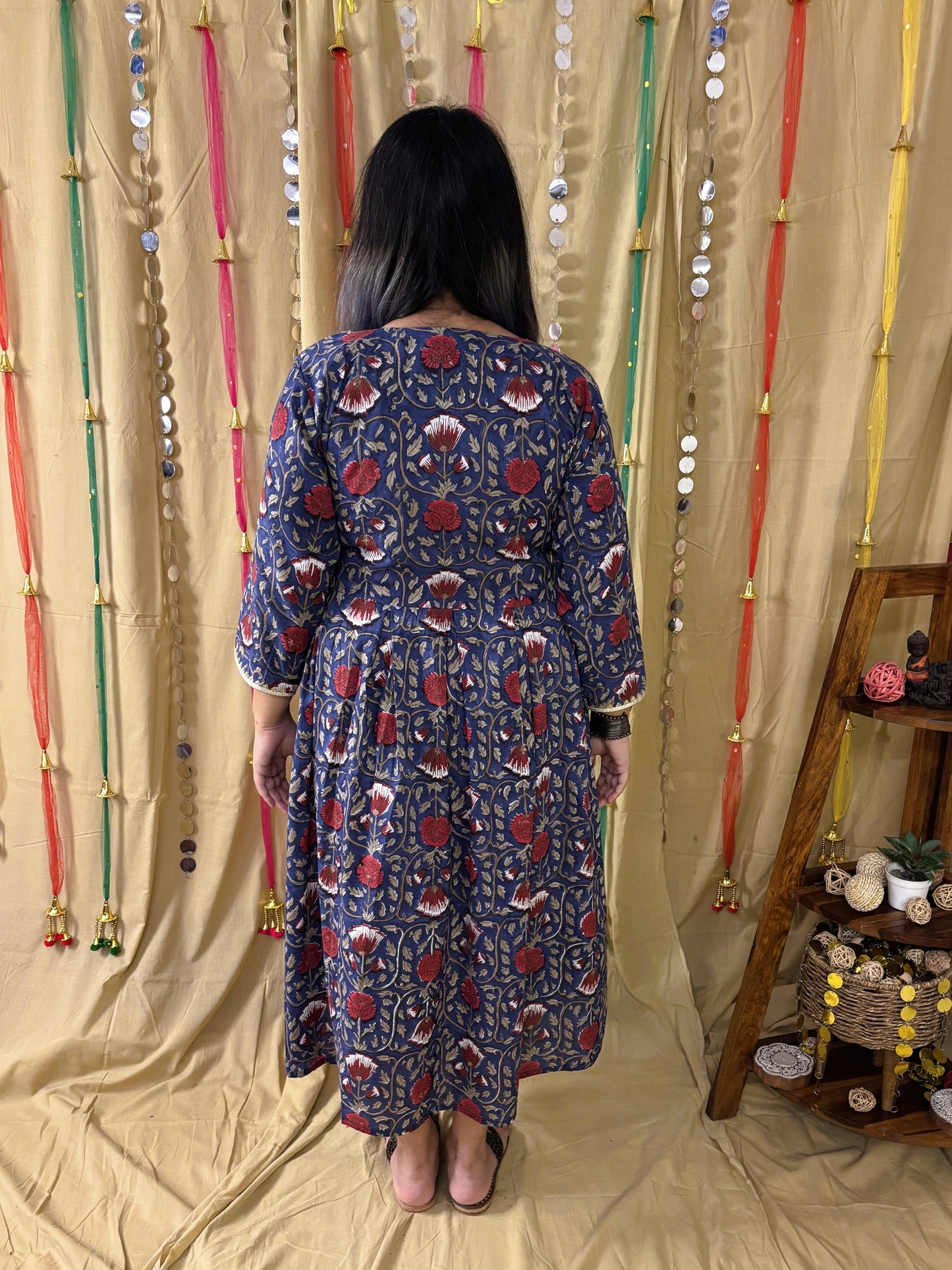 Ziya Hand Block Printed Midi Dress with Embroidered Neckline & Gota Detailing