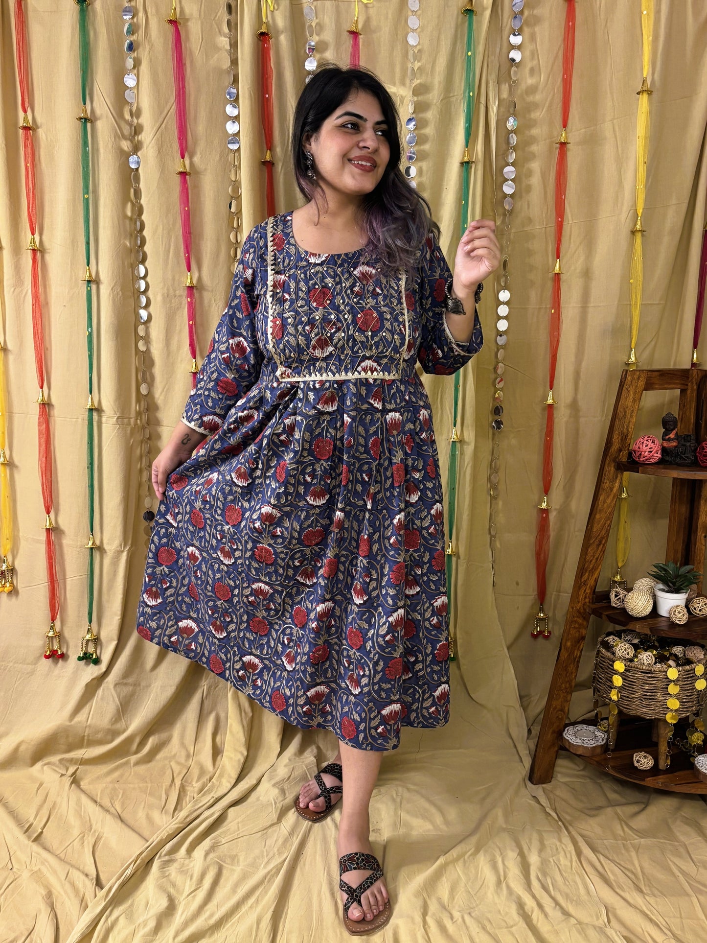 Ziya Hand Block Printed Midi Dress with Embroidered Neckline & Gota Detailing