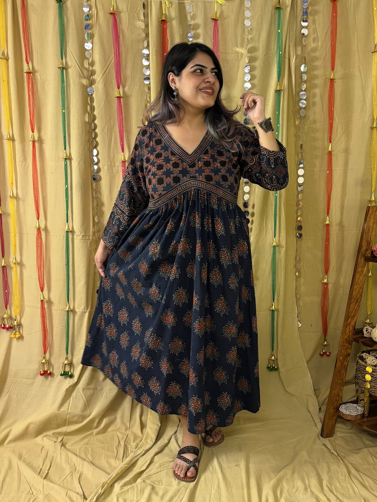Falak Ajrakh Hand Block Printed Nyra Cut Dress