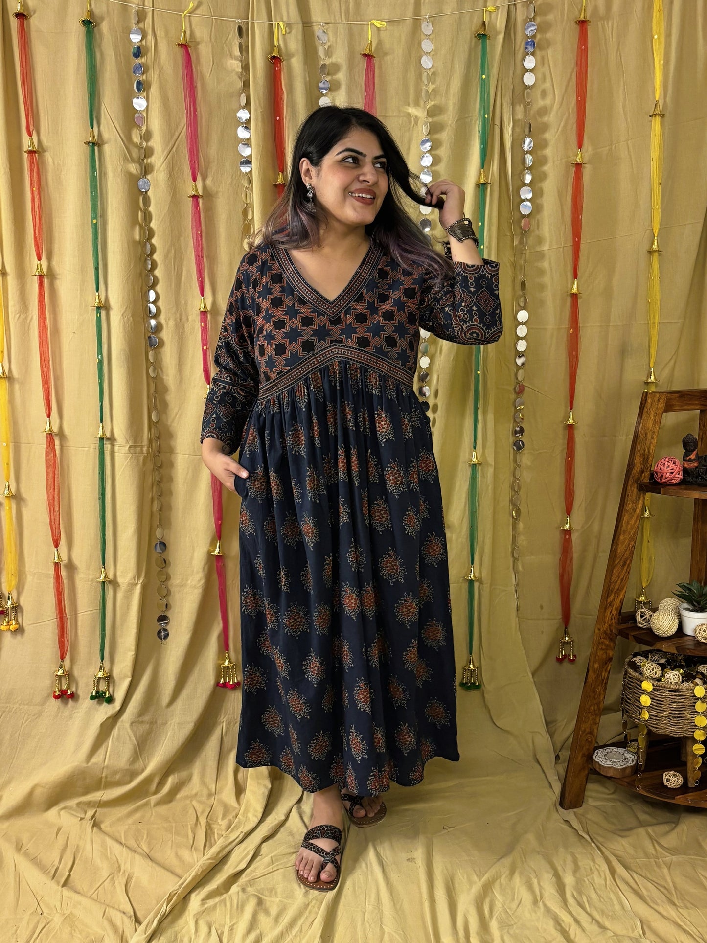 Falak Ajrakh Hand Block Printed Nyra Cut Dress