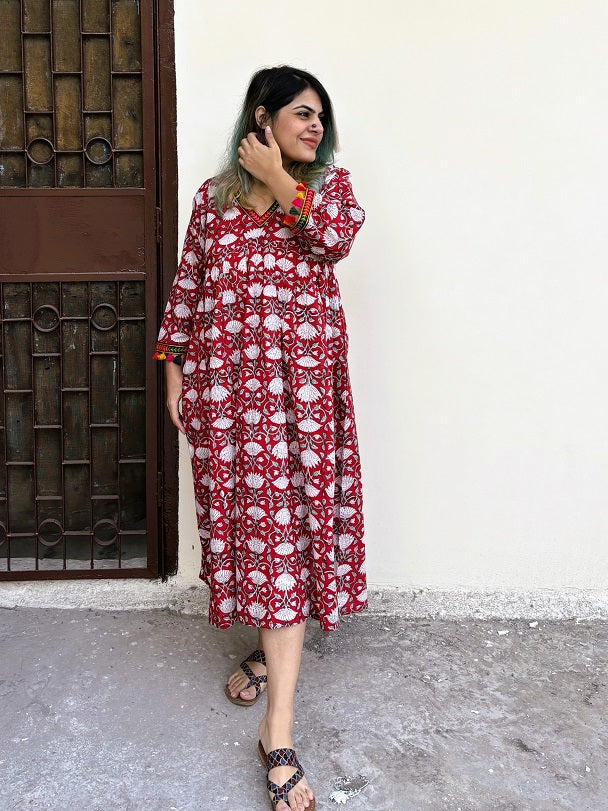 Anaar Hand Block Printed Flared Midi Dress with Tassels