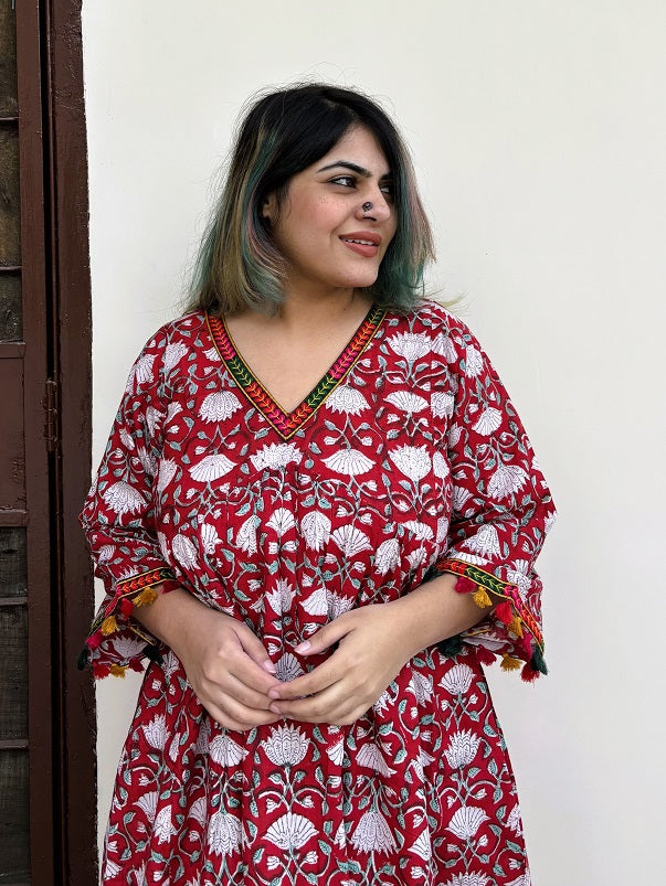 Anaar Hand Block Printed Flared Midi Dress with Tassels