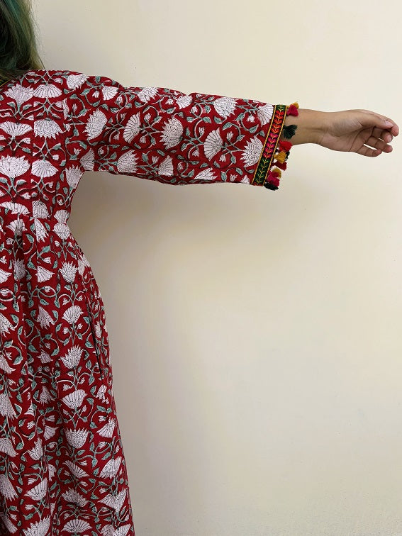 Anaar Hand Block Printed Flared Midi Dress with Tassels