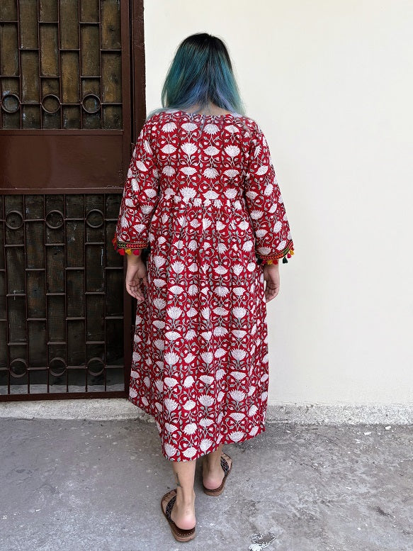 Anaar Hand Block Printed Flared Midi Dress with Tassels