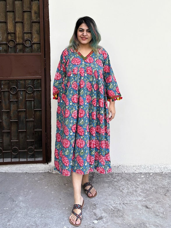 Dahlia Hand Block Printed Flared Midi Dress with Tassels