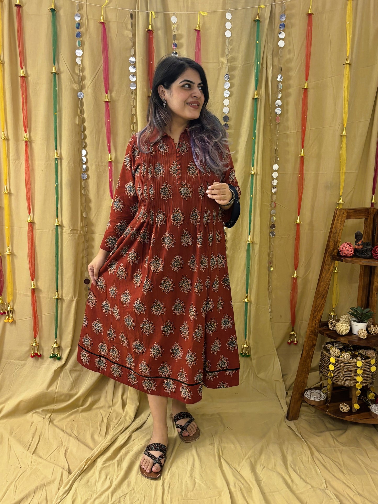 Roohi Hand Block Printed Midi Dress with Pintuck Detailing