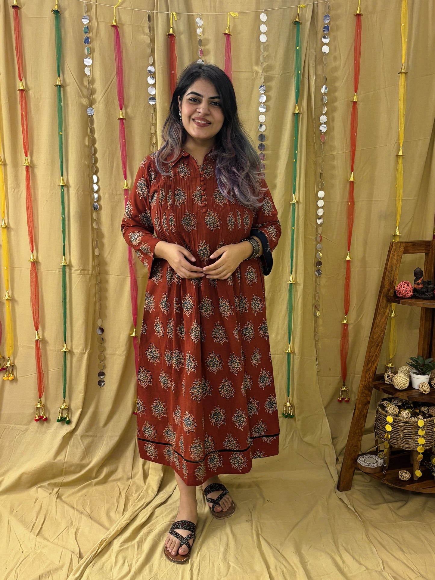 Roohi Hand Block Printed Midi Dress with Pintuck Detailing