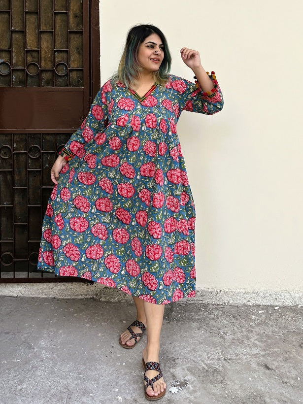 Dahlia Hand Block Printed Flared Midi Dress with Tassels