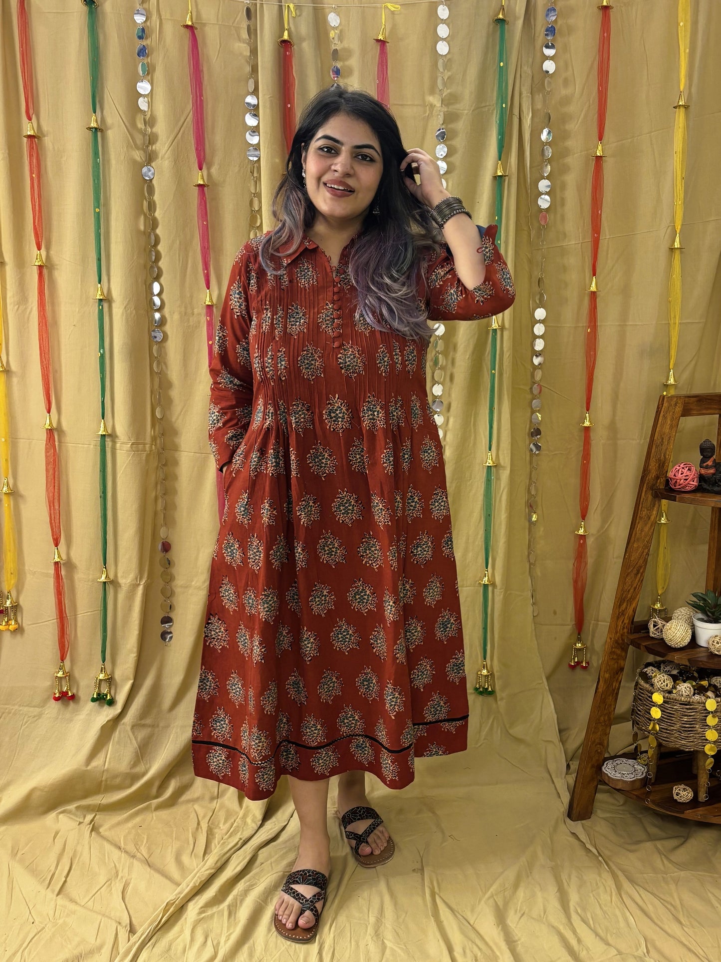 Roohi Hand Block Printed Midi Dress with Pintuck Detailing