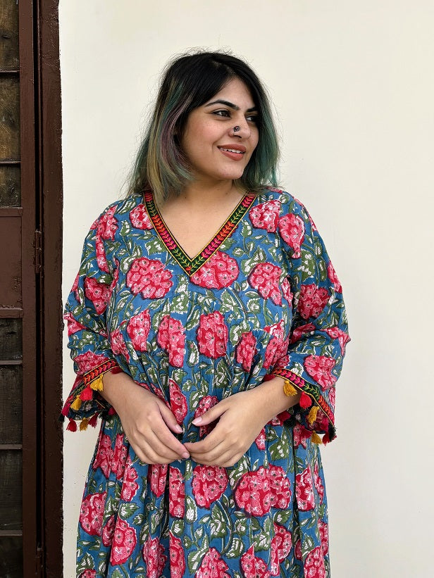 Dahlia Hand Block Printed Flared Midi Dress with Tassels