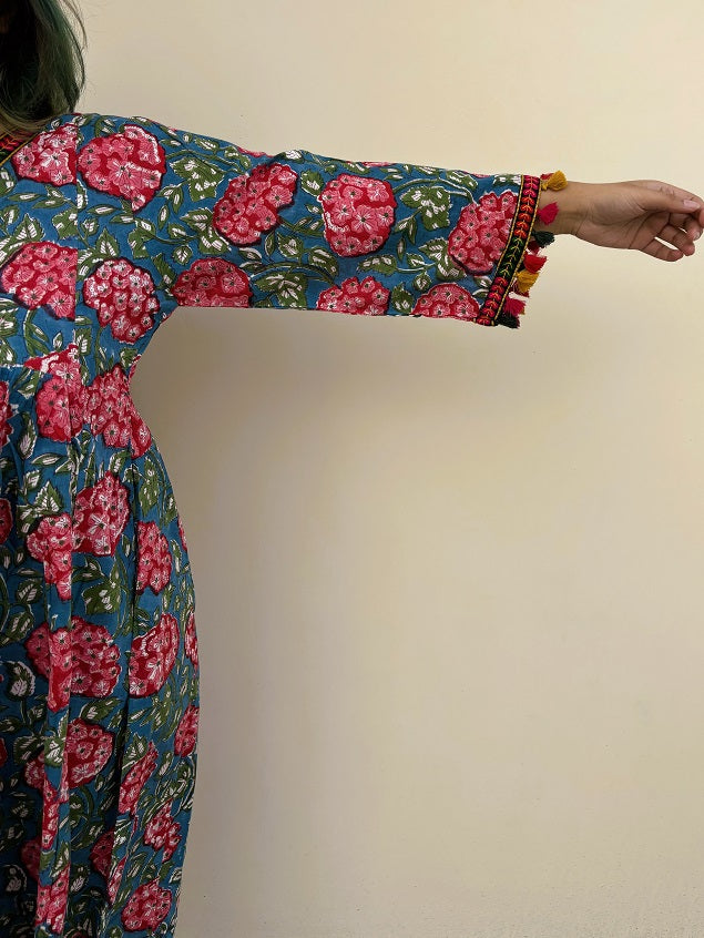 Dahlia Hand Block Printed Flared Midi Dress with Tassels