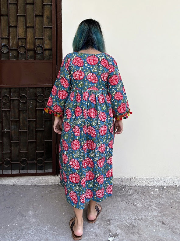 Dahlia Hand Block Printed Flared Midi Dress with Tassels