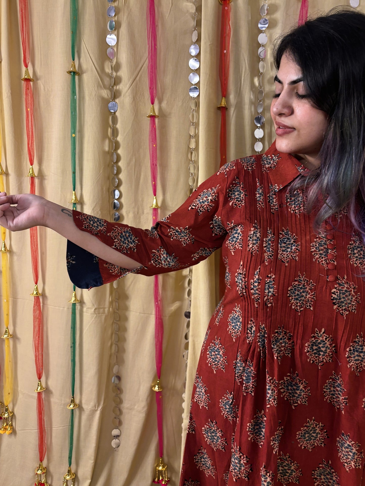 Roohi Hand Block Printed Midi Dress with Pintuck Detailing
