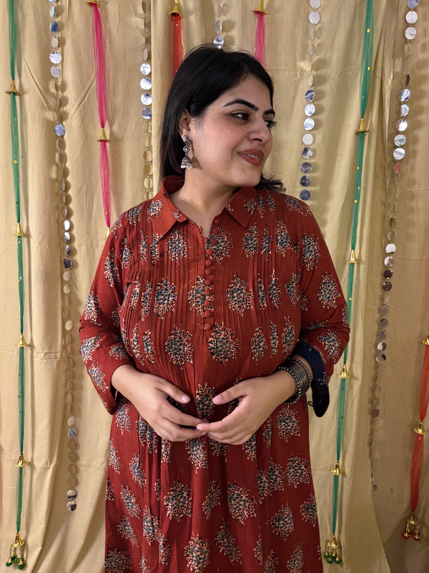 Roohi Hand Block Printed Midi Dress with Pintuck Detailing